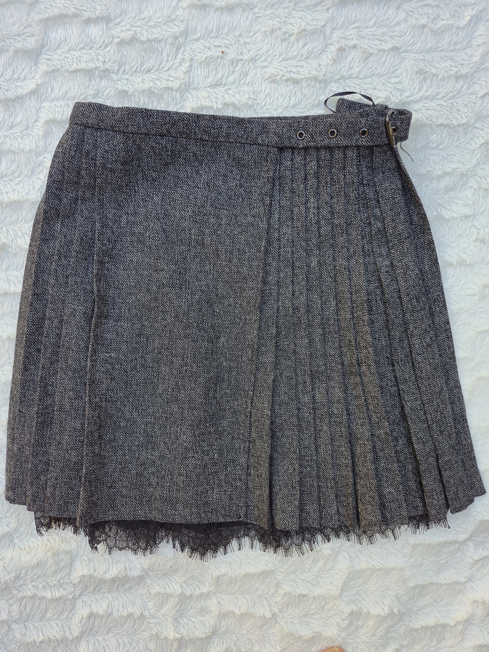 Pleated Tweed Circle Skirt with Lace Hem - Gray‎